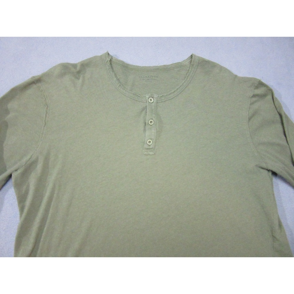 AllSaints Shirt Mens XL Green Henley Neck Raw Hem Bodega Slim Fit Olive - Picture 2 of 15